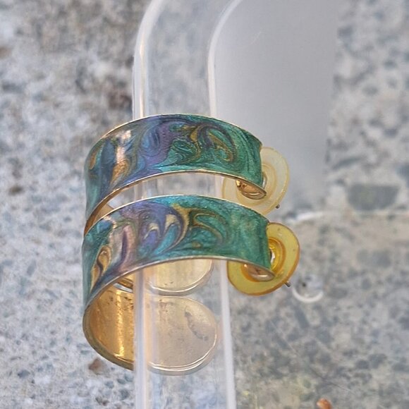 VTG 80s Hoop Earrings Painted Blue Purple Gold Swirl Pattern Jewel Tone Artsy - Picture 2 of 3